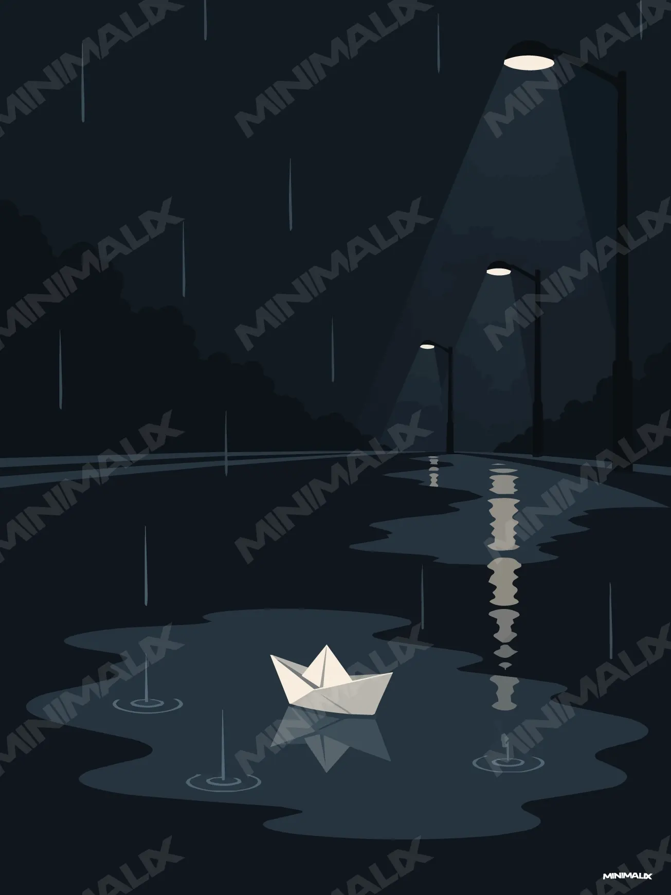 Affiche minimaliste bleue : une rue sous la pluie la nuit, trois lampadaires et leurs reflets, un petit bateau de papier blanc qui flotte dans une flaque