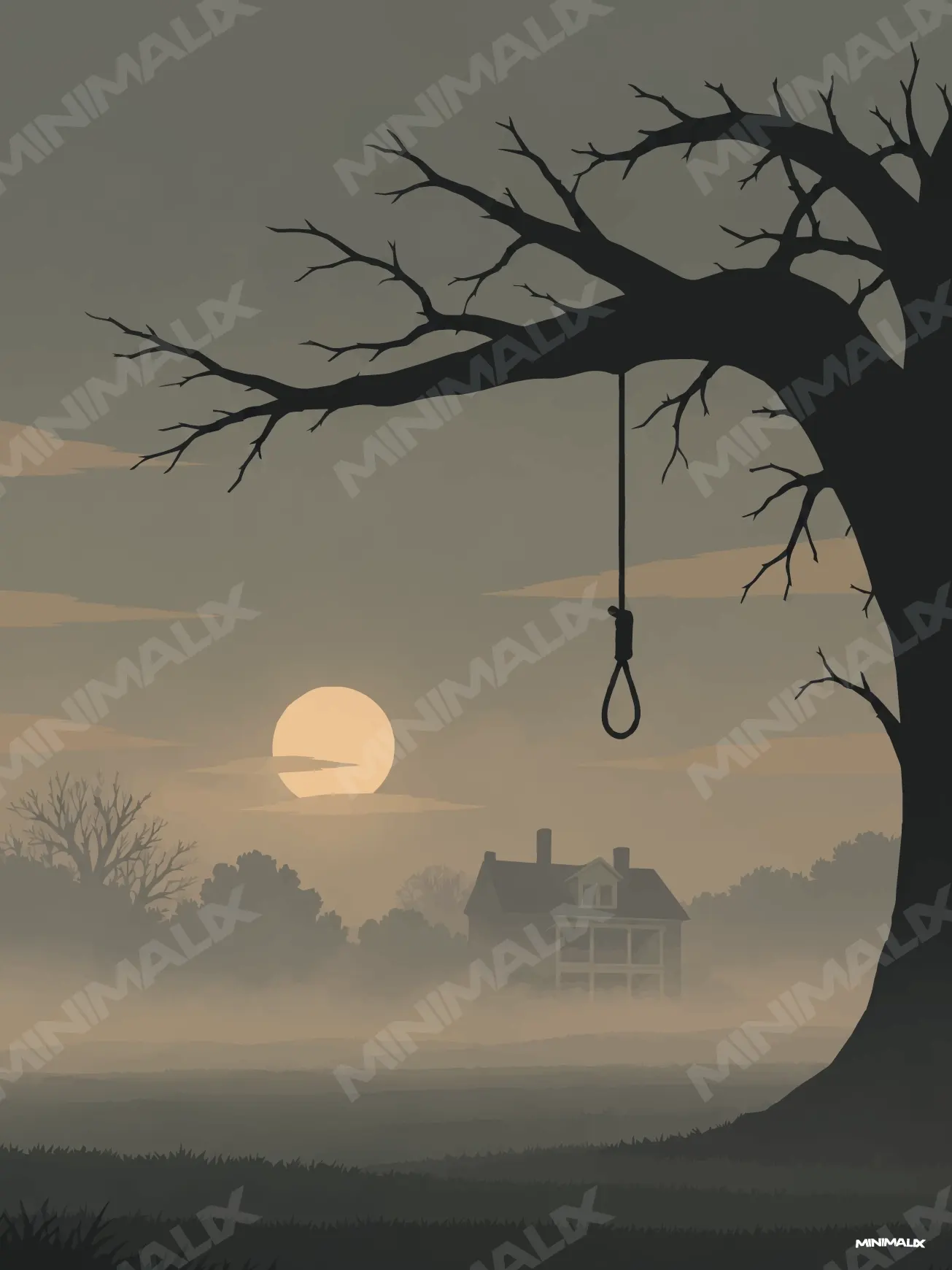 Affiche minimaliste grise : un arbre noir aux branches tordues, une corde nouée qui pend, une pleine lune pâle et une maison à véranda dans la brume