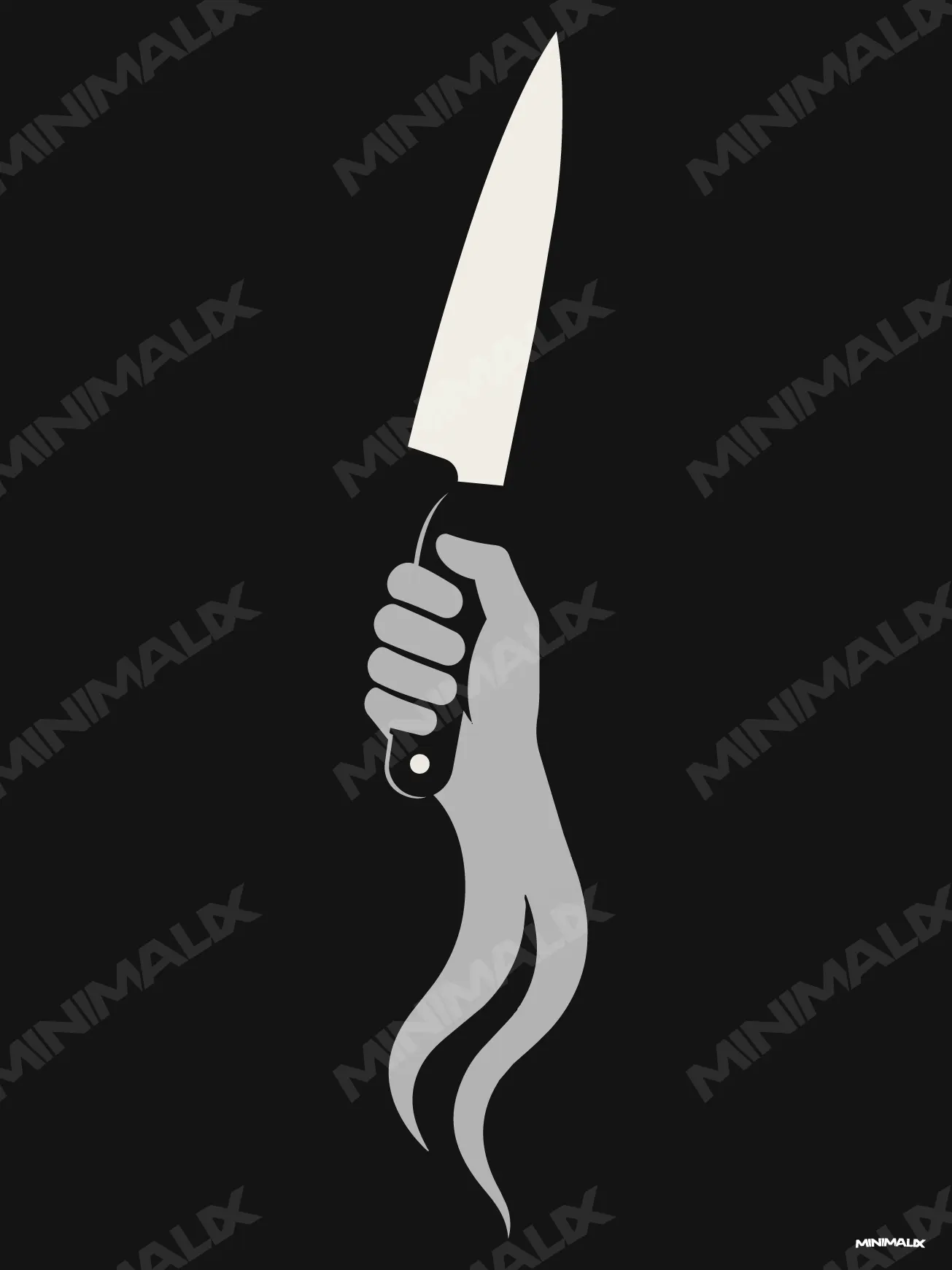 Affiche minimaliste noire : une grande lame de cuisine ivoire levée, tenue par une main grise dont le bras se défait en volutes de fumée