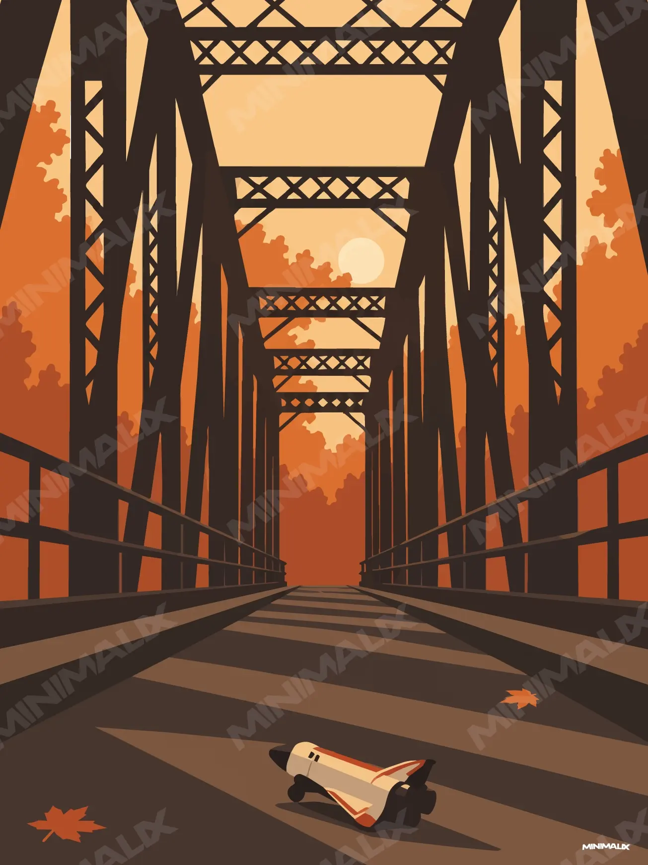 Affiche minimaliste orange : un pont métallique en perspective dans les feuillages d'automne, un soleil pâle et une navette spatiale jouet renversée sur le tablier
