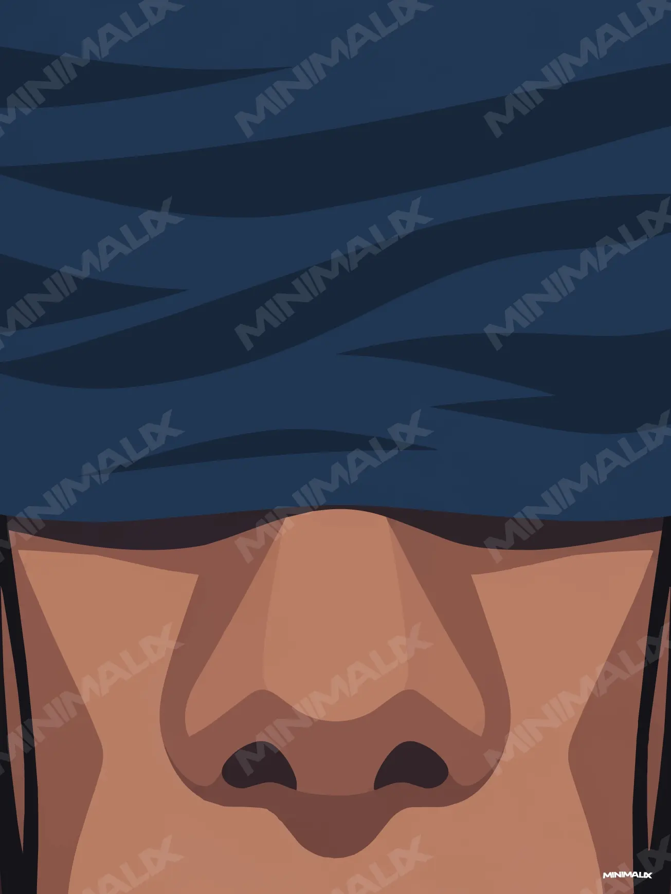 Affiche minimaliste bleue : gros plan d'un visage aux aplats terracotta, nez et pommettes dessinés, les yeux couverts par un bandeau de tissu bleu marine