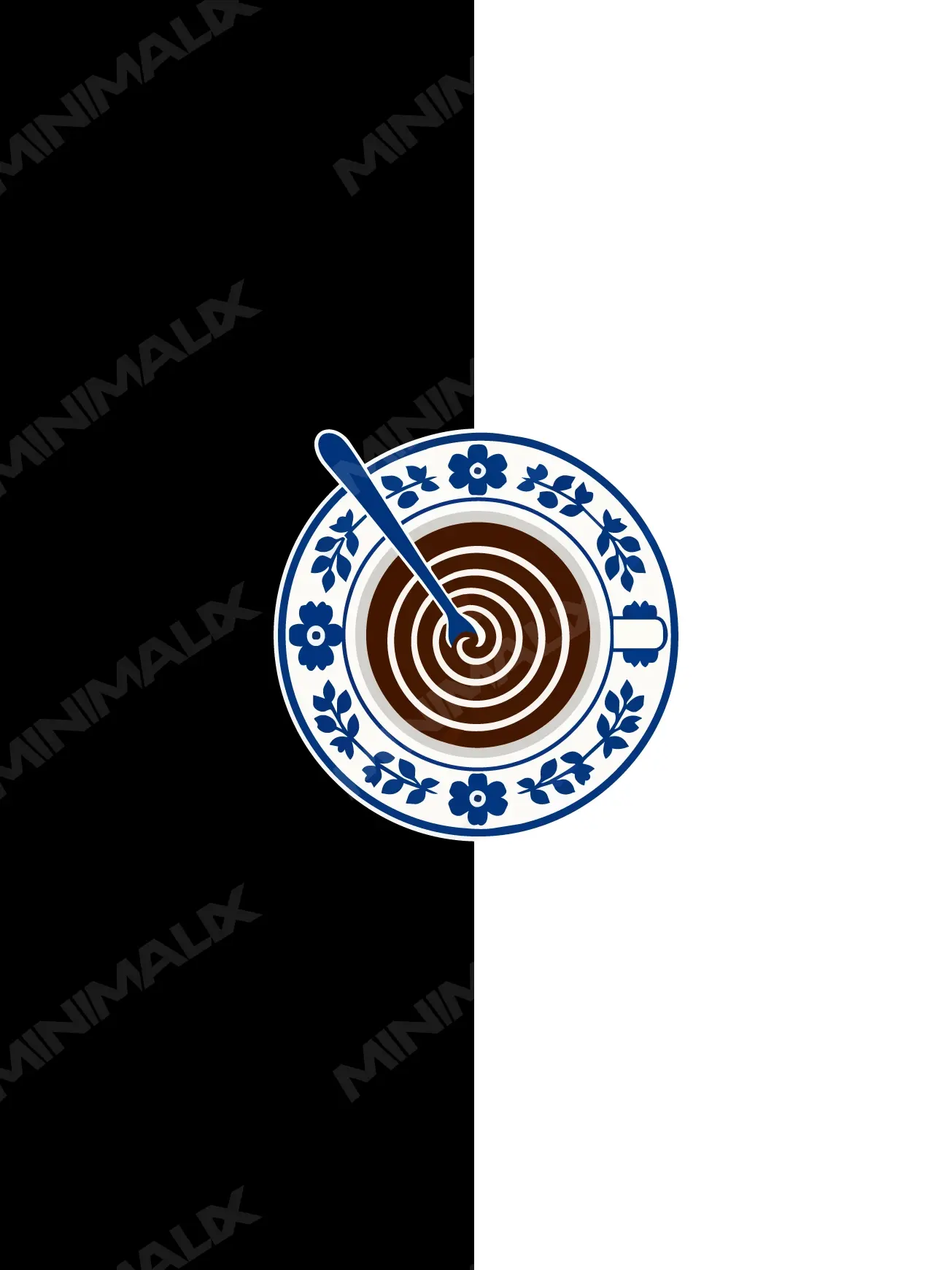 Affiche minimaliste noire et blanche : une tasse en porcelaine à fleurs bleues vue d'en haut, une cuillère bleue et une spirale crème dans le café