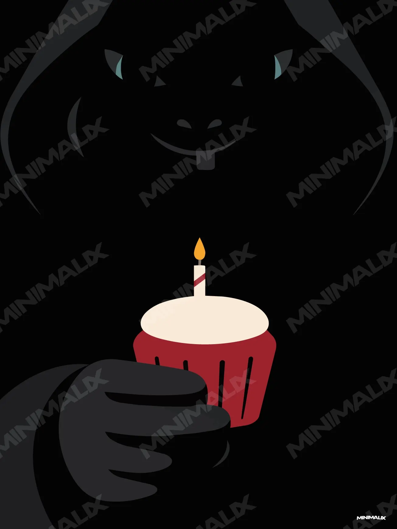 Affiche minimaliste noire : sous une grande capuche, un visage rond qui sourit d'une seule dent, et une main gantée qui tend un cupcake rouge à bougie