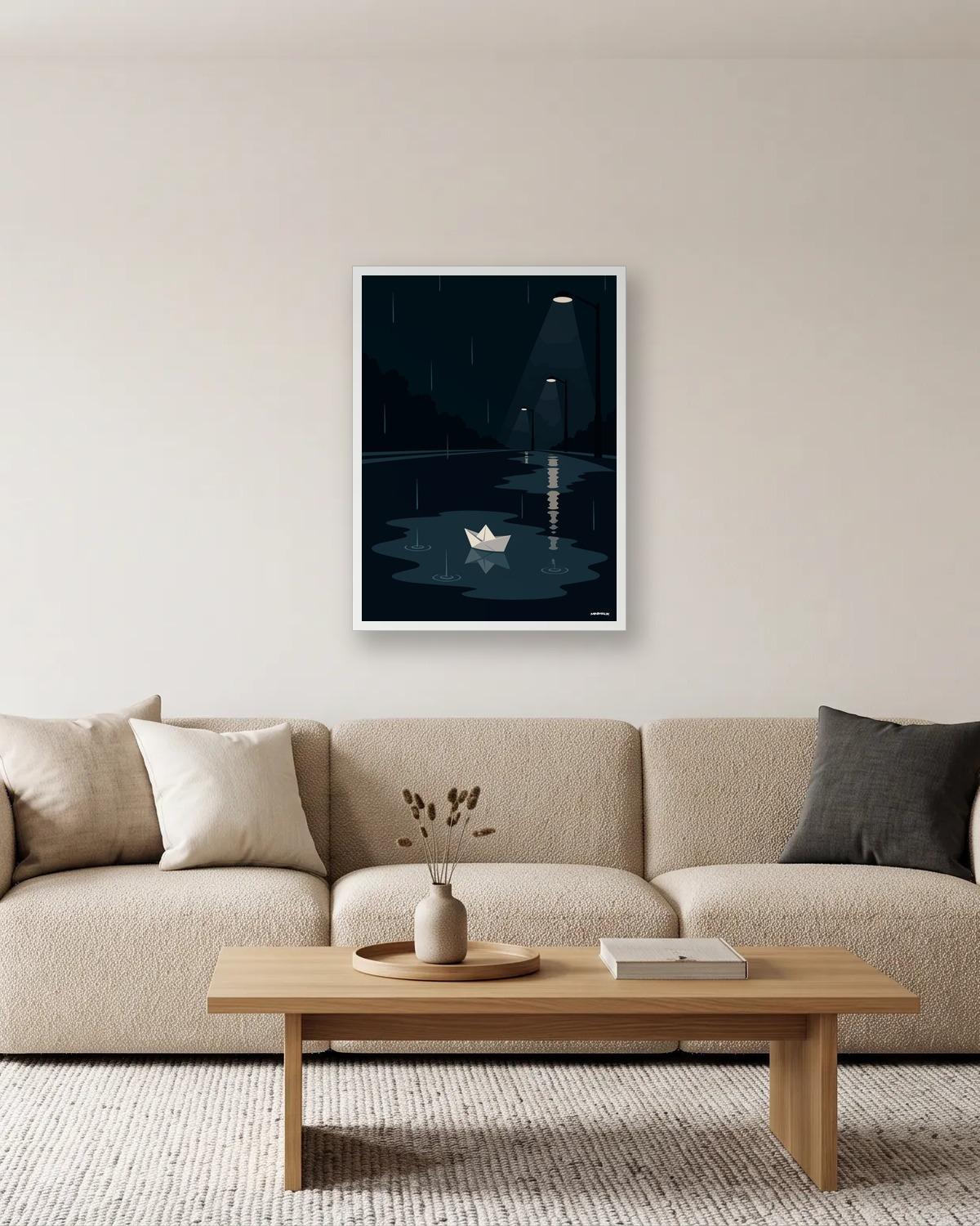 Bateau de papier, affiche encadrée dans un salon
