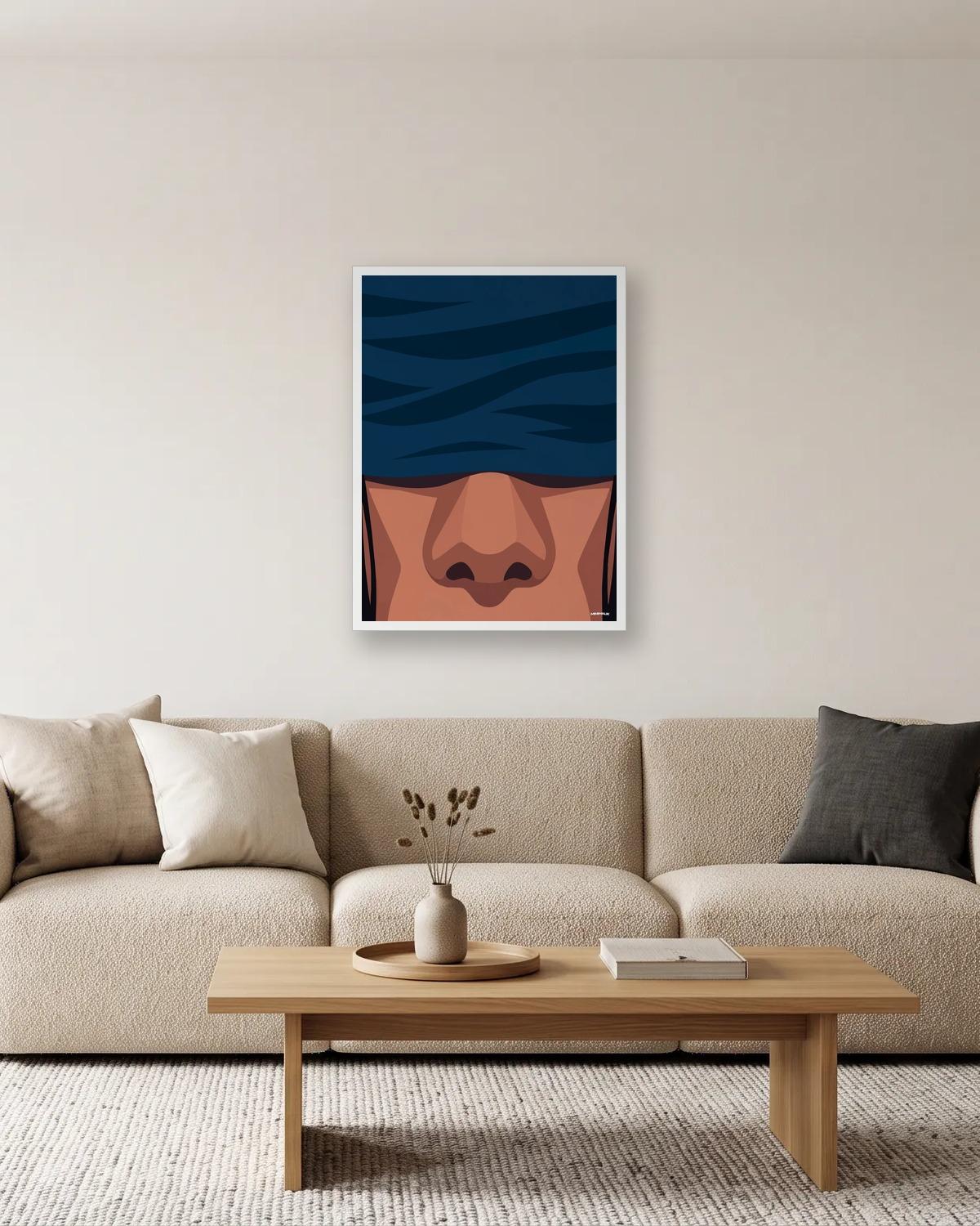 Les yeux bandés, affiche encadrée dans un salon