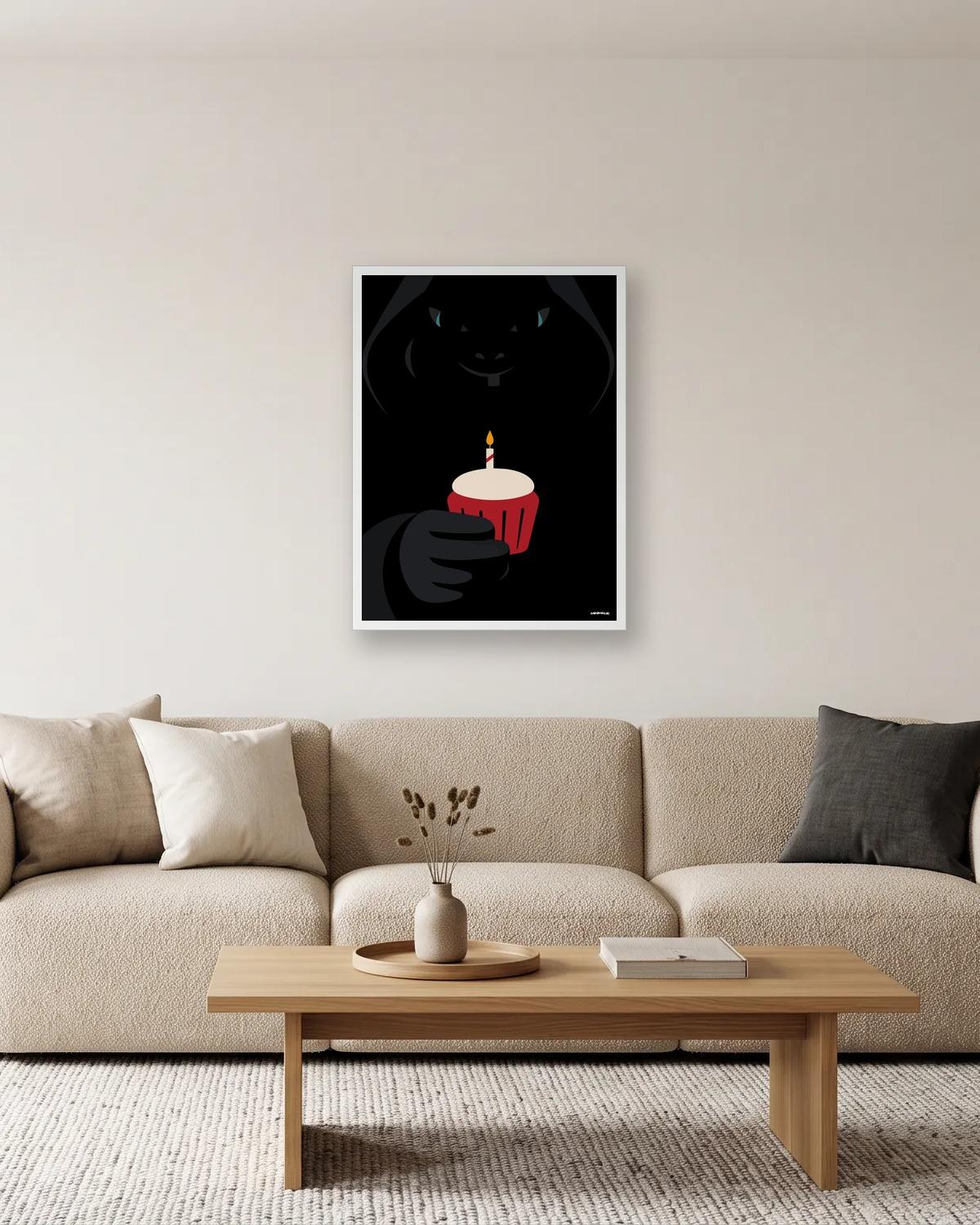 Souffle ta bougie, affiche encadrée dans un salon