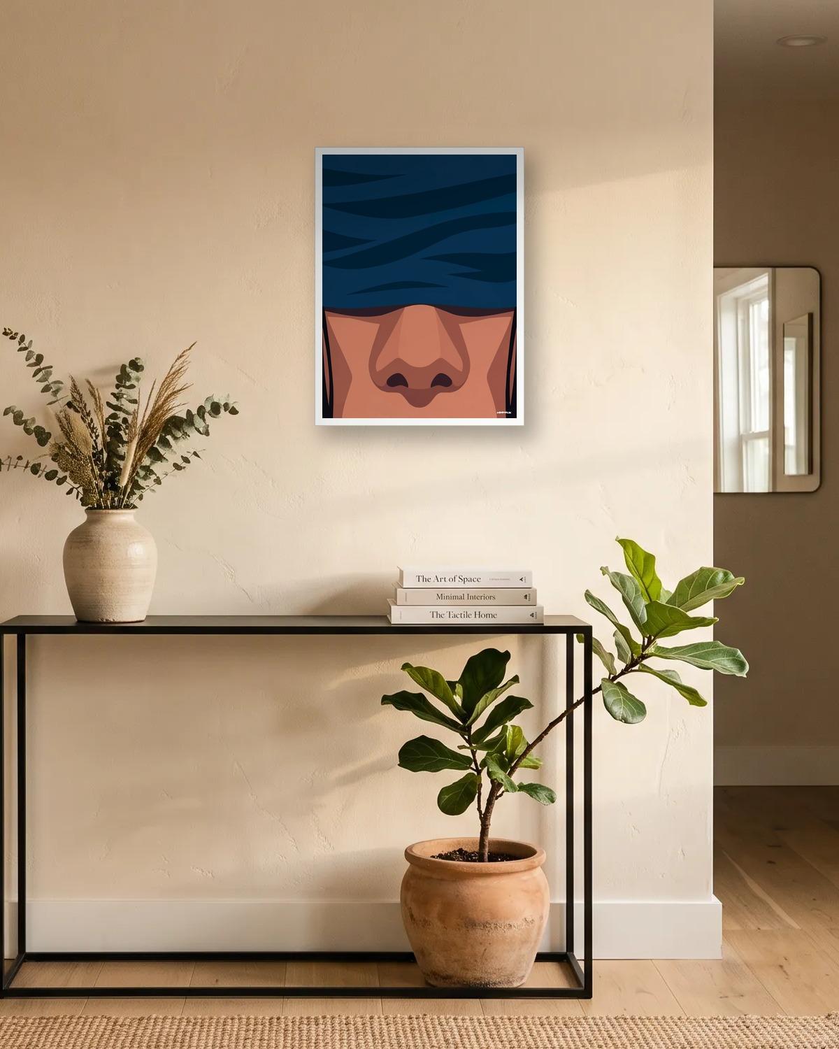 Les yeux bandés, affiche encadrée dans une entrée