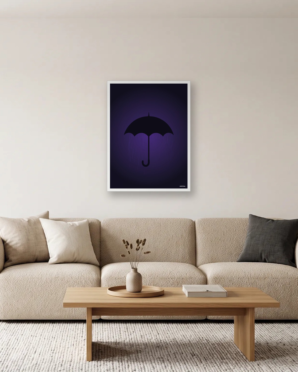 Cadeau ado fille ou garçon : affiche minimaliste d'un parapluie noir sous la pluie, sur fond nuit, dans un salon