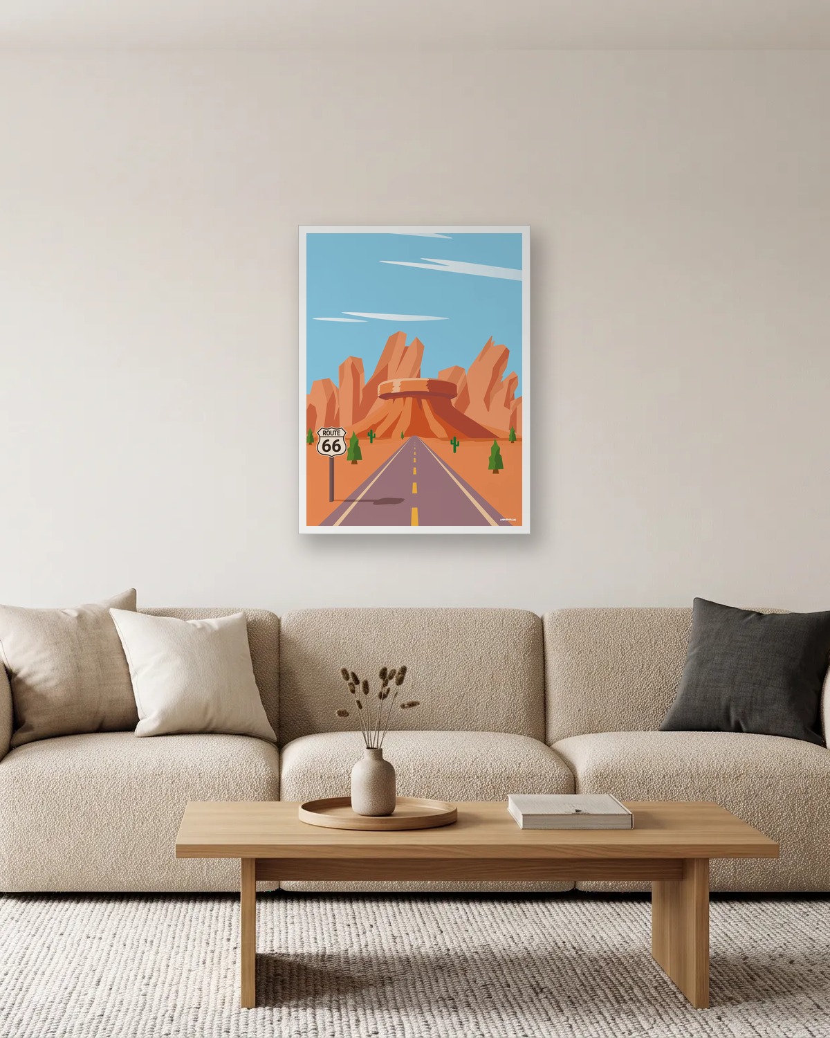 Cadeau original pour homme fan de road trip : affiche minimaliste d'une route du désert entre des rochers rouges, dans un salon