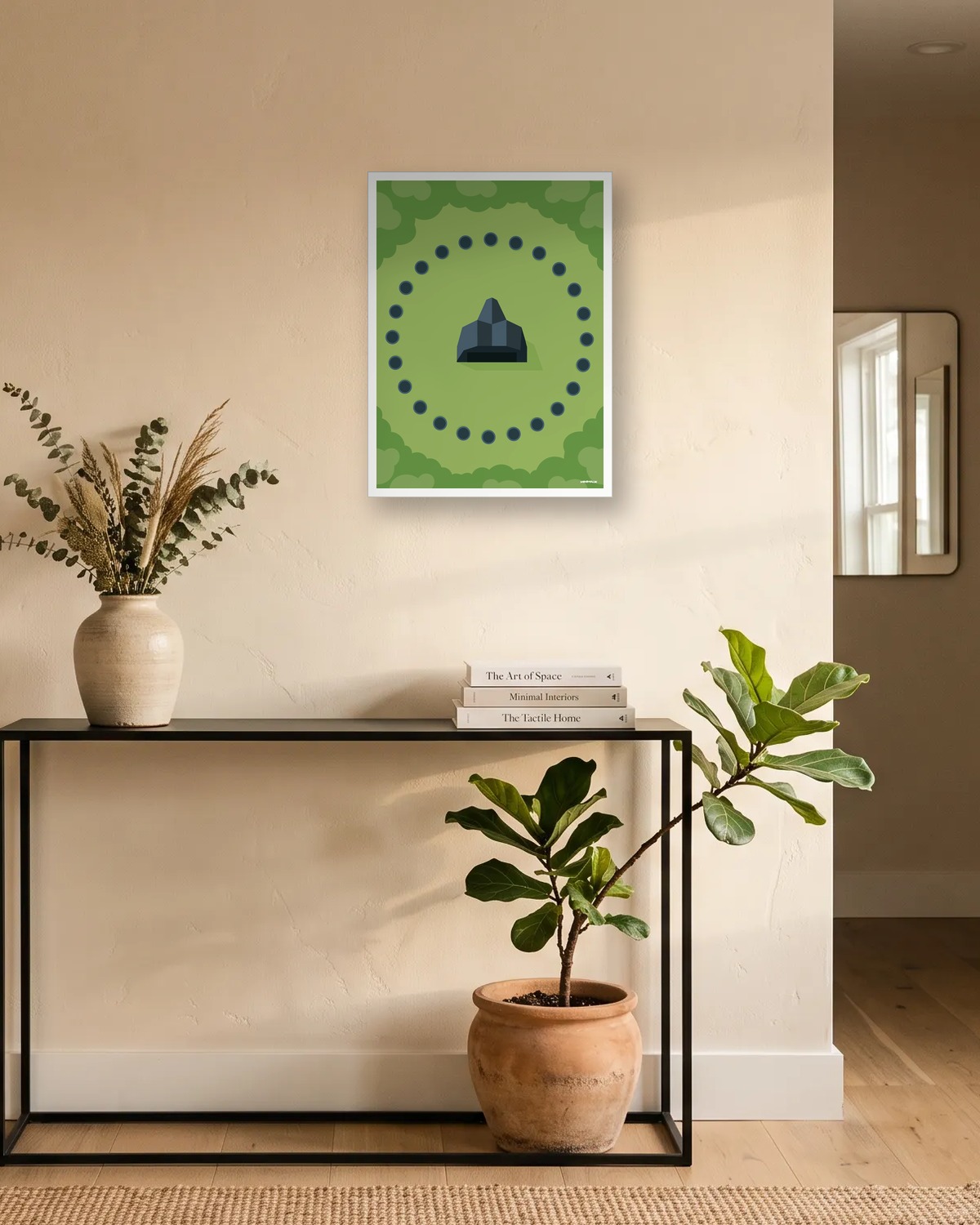 Idée cadeau ado : affiche minimaliste verte, vingt-quatre socles en cercle dans une clairière, au-dessus d'une console