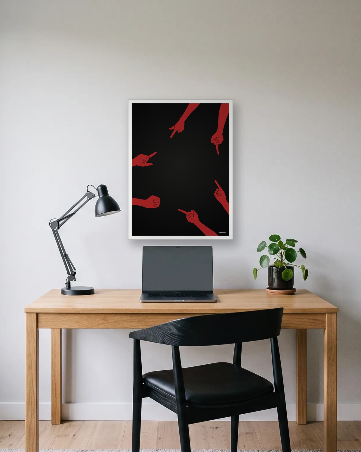 Cadeau ado : affiche minimaliste noire où des bras rouges se montrent du doigt, au-dessus d'un bureau