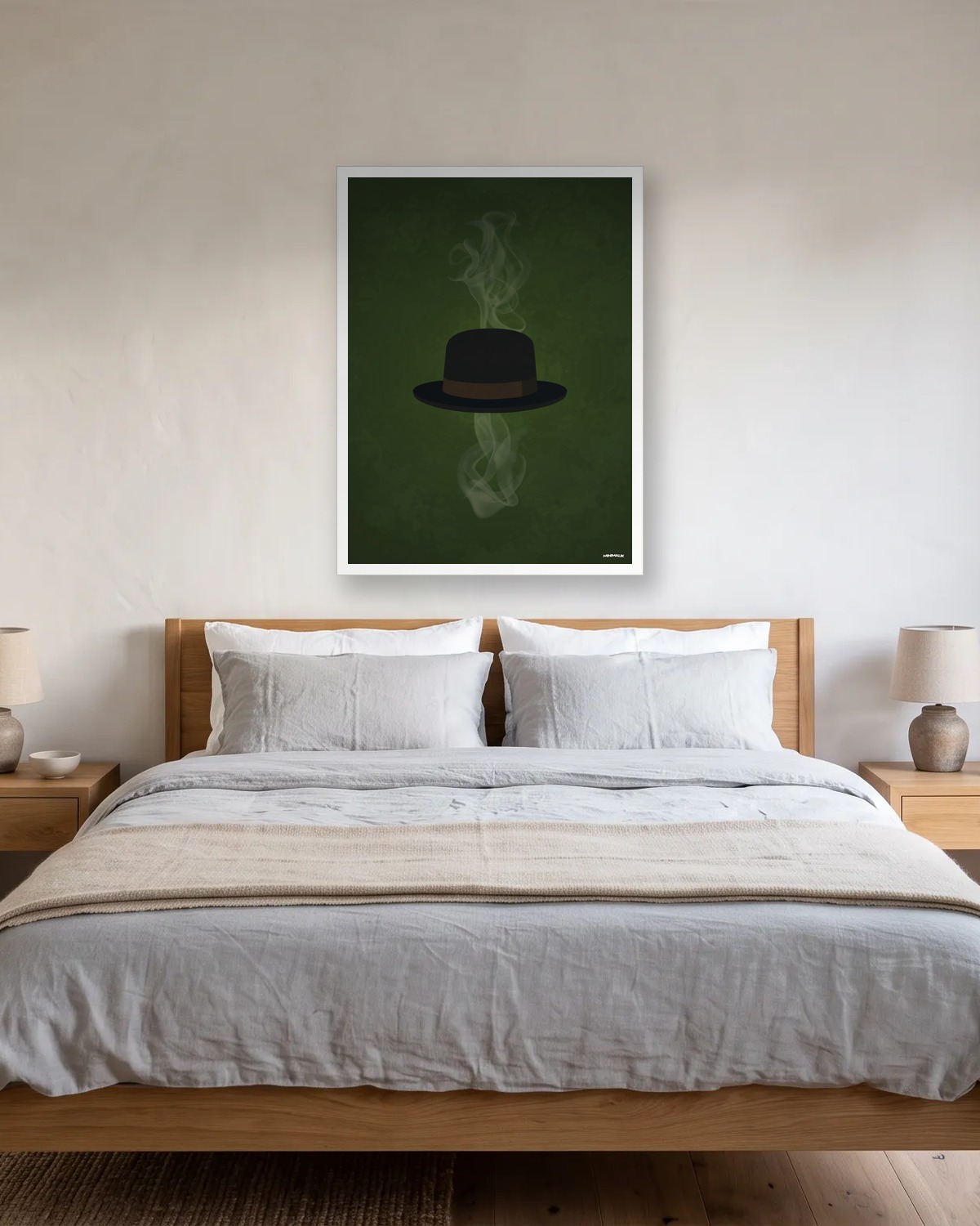 Affiche série minimaliste vert sombre avec un chapeau noir dans la fumée, au-dessus d'un lit, idée de cadeau homme