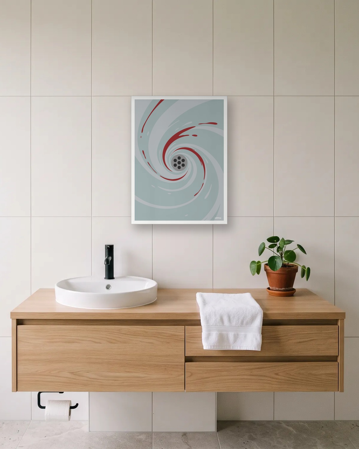 Affiche horreur minimaliste gris-vert avec un tourbillon d'eau et des filets rouges, encadrée en blanc au-dessus d'un lavabo