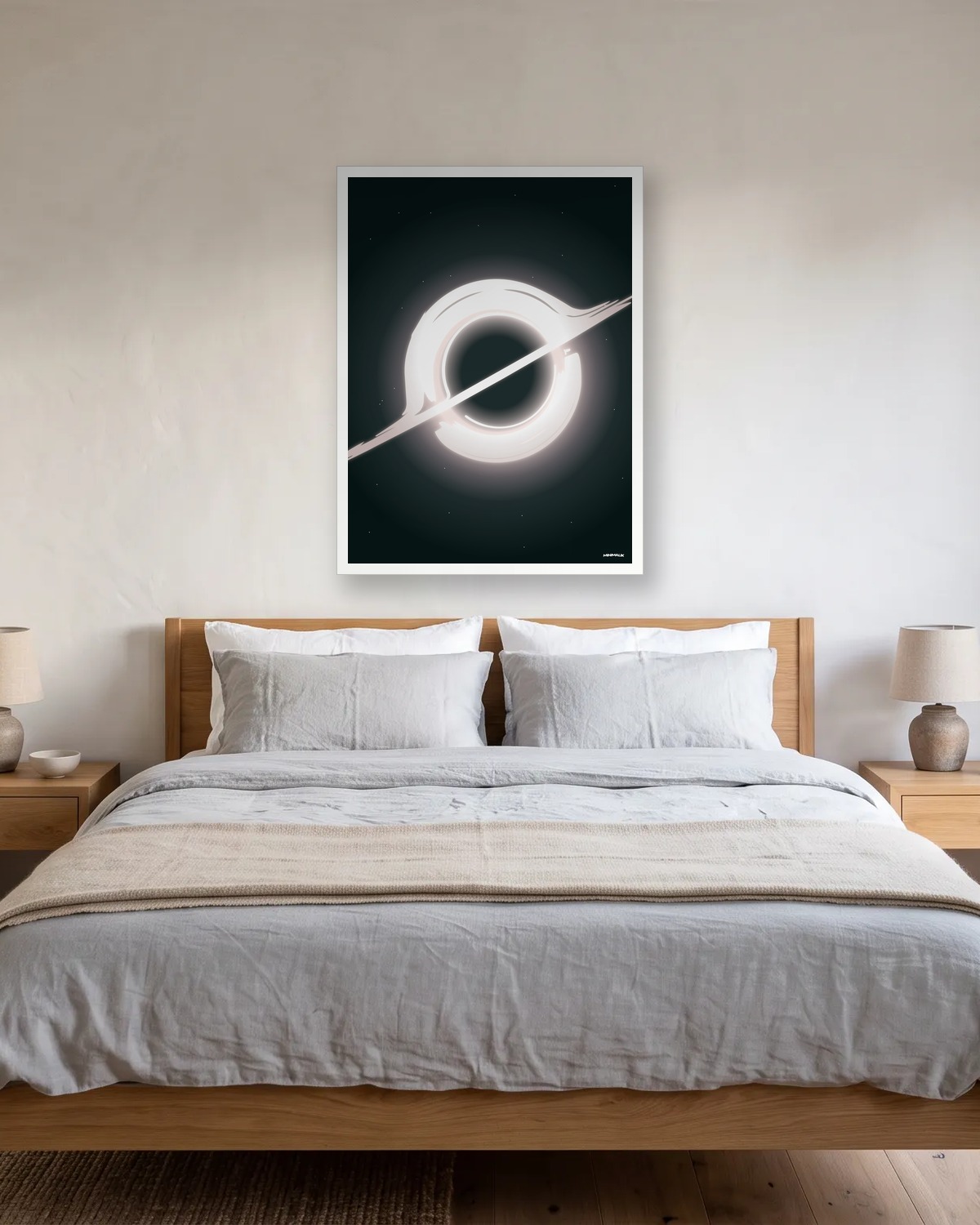 Déco chambre ado garçon : affiche minimaliste noire avec un anneau de lumière blanche au-dessus d'un lit gris