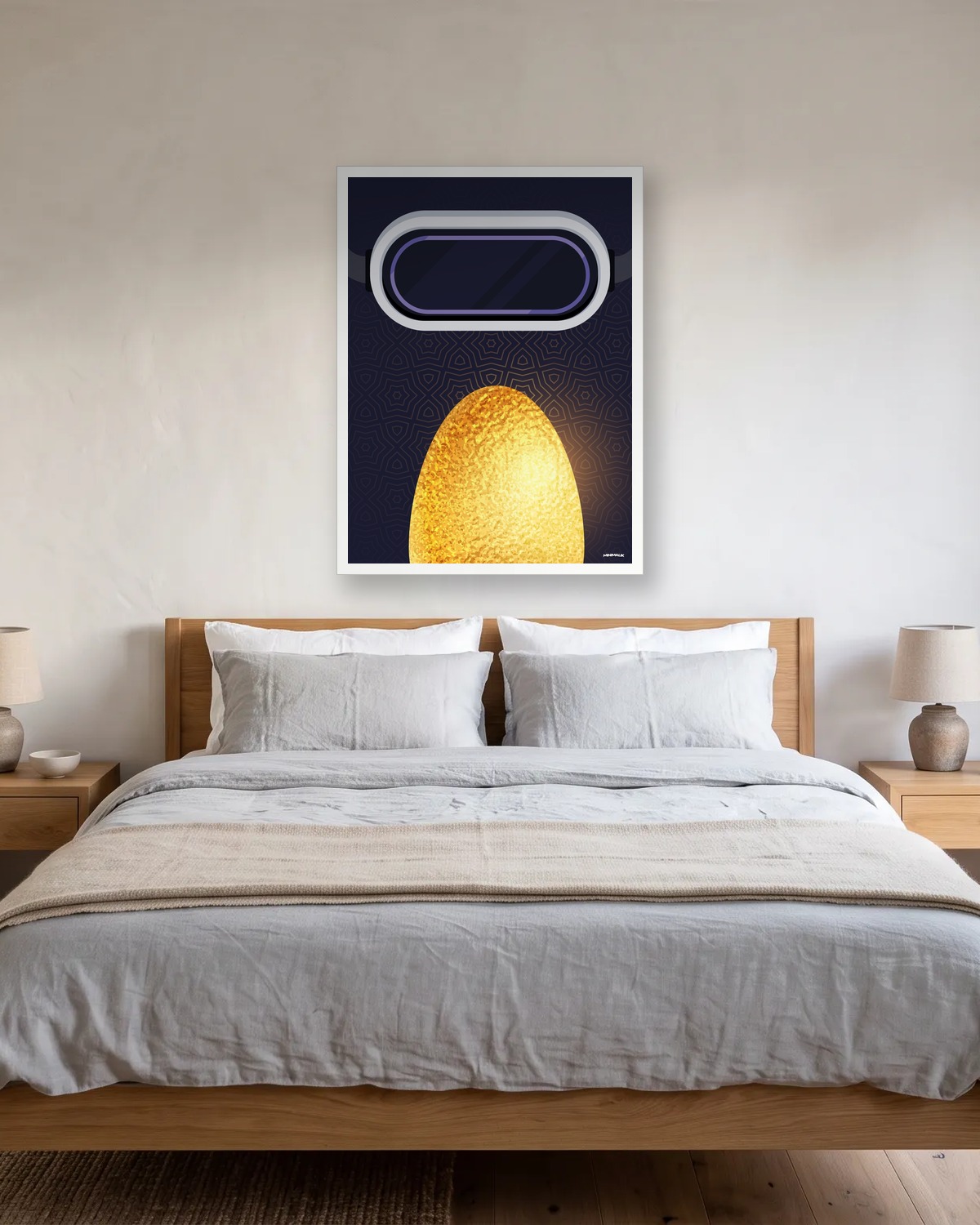 Cadeau pour ado joueur : affiche minimaliste bleu nuit avec un casque de réalité virtuelle et un œuf doré, au-dessus d'un lit